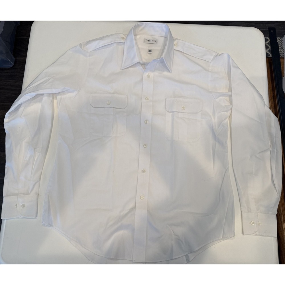Van Heusen Pilot Shirt Men 16.5 36/37 White Good Long Sleeve Epaulets Tall